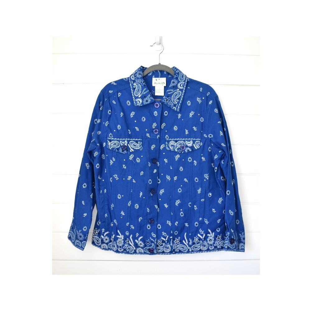 Quaker Factory Women's Jacket Button Down Size Large 100% Cotton Blue
